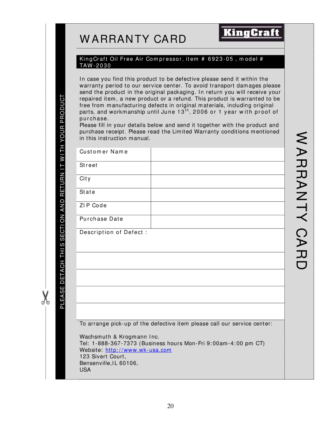 Wachsmuth & Krogmann TAW-2030 manual Warranty Card 