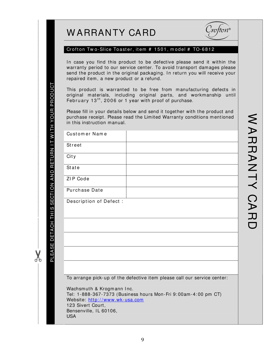 Wachsmuth & Krogmann TO-6812 manual Warranty Card 