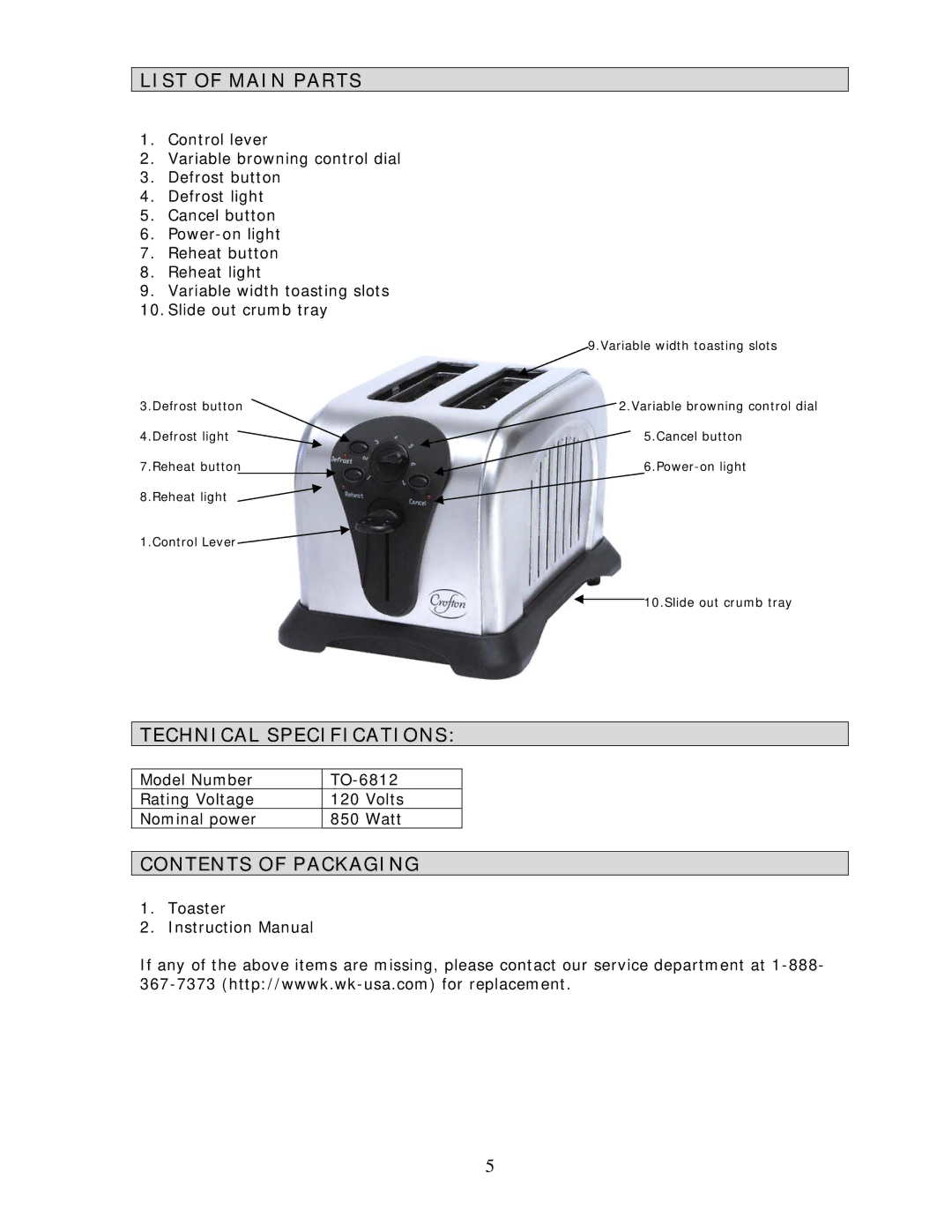 Wachsmuth & Krogmann TO-6812 manual List of Main Parts, Technical Specifications, Contents of Packaging 