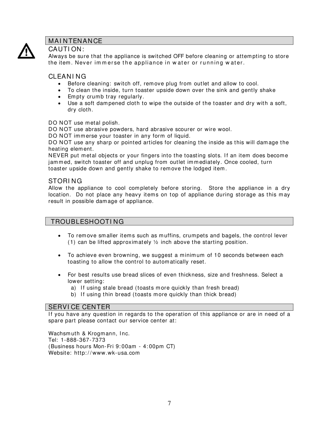 Wachsmuth & Krogmann TO-6812 manual Maintenance, Cleaning, Storing, Troubleshooting, Service Center 