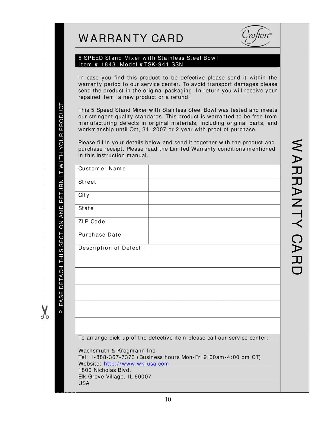 Wachsmuth & Krogmann TSK-941 SSN manual Warranty Card 