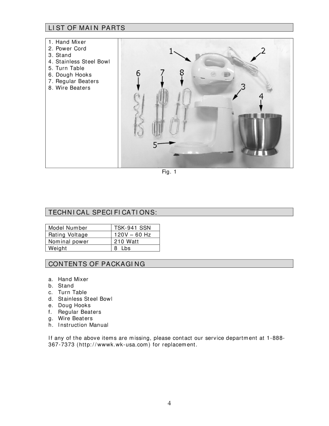 Wachsmuth & Krogmann TSK-941 SSN manual List of Main Parts, Technical Specifications, Contents of Packaging 