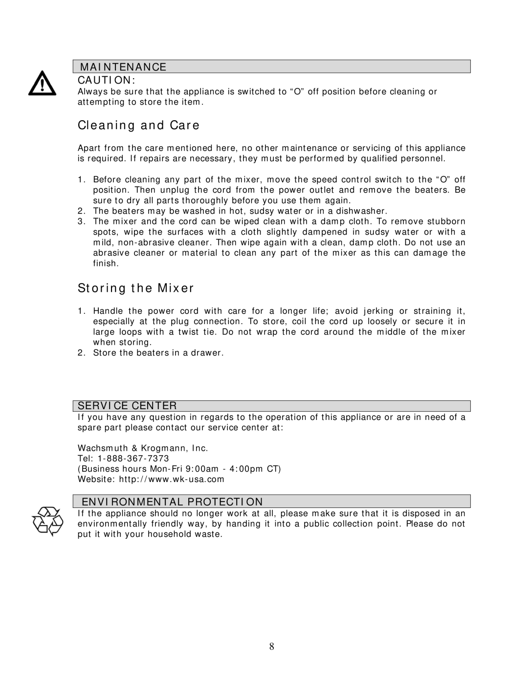 Wachsmuth & Krogmann TSK-941 SSN manual Cleaning and Care, Storing the Mixer, Maintenance, Service Center 