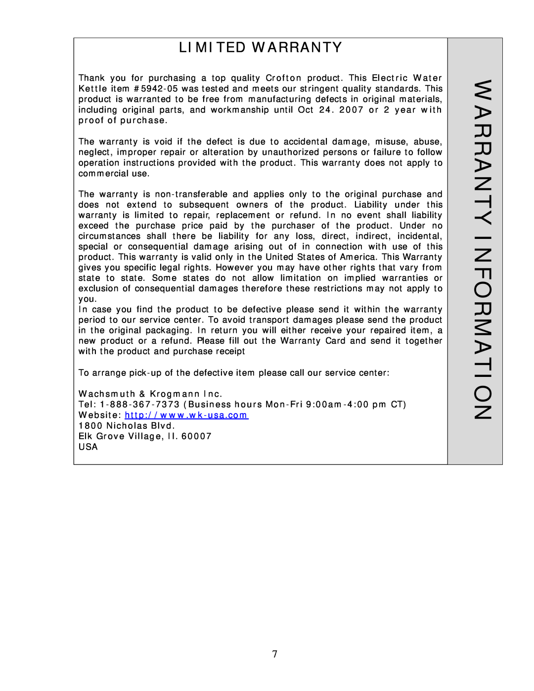 Wachsmuth & Krogmann XB6168 manual Warranty Information, Limited Warranty 