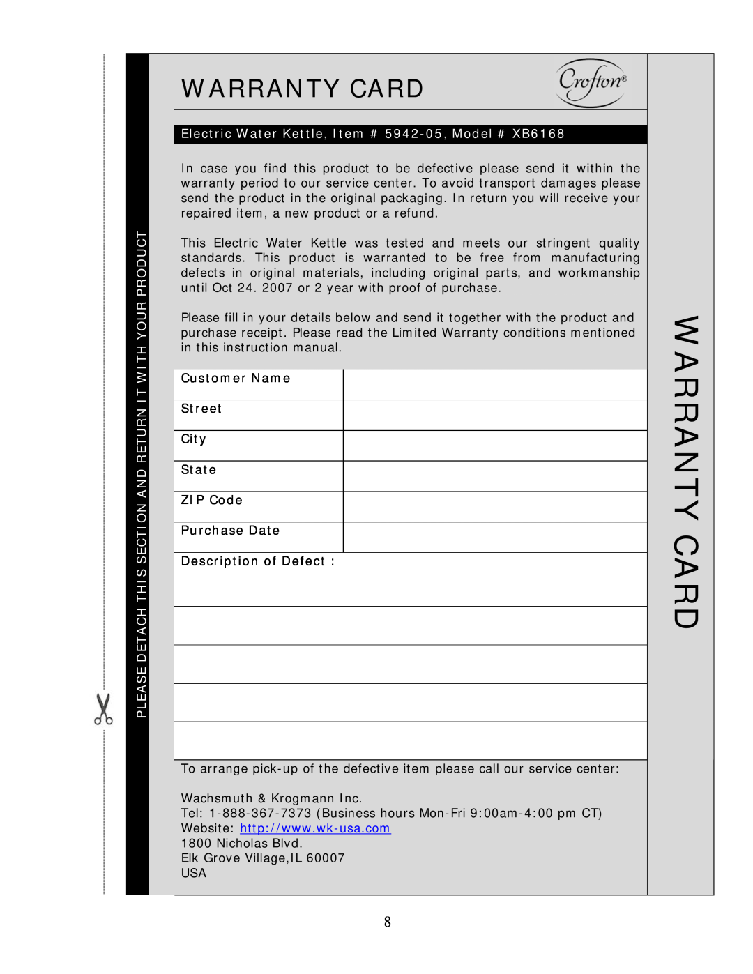 Wachsmuth & Krogmann XB6168 manual Warranty Card 