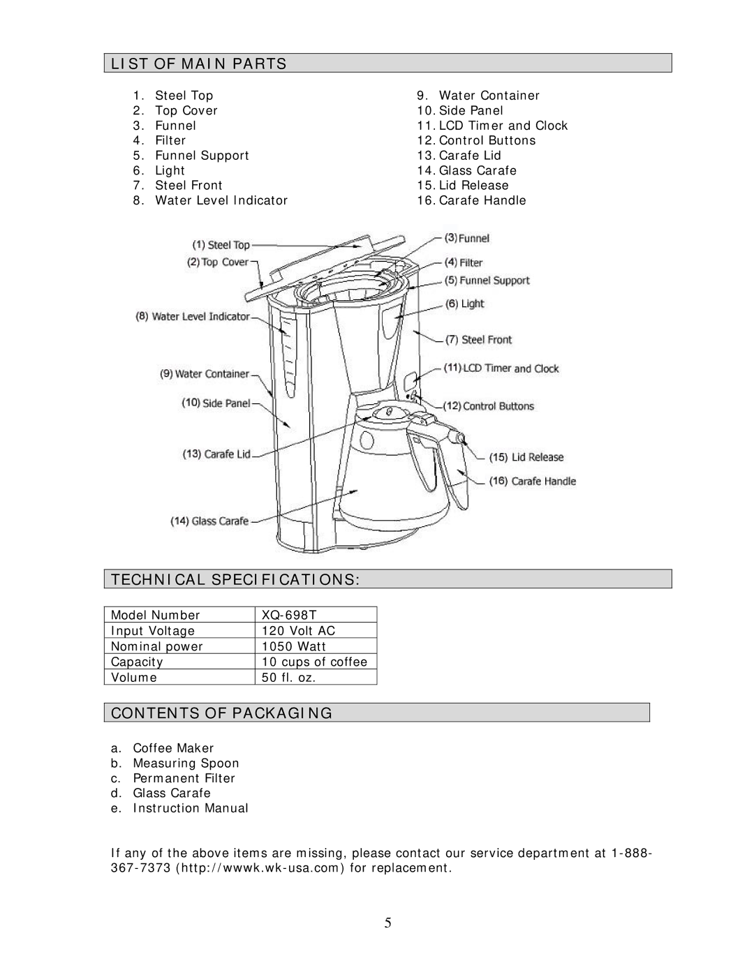 Wachsmuth & Krogmann XQ-698T manual List of Main Parts, Technical Specifications, Contents of Packaging 