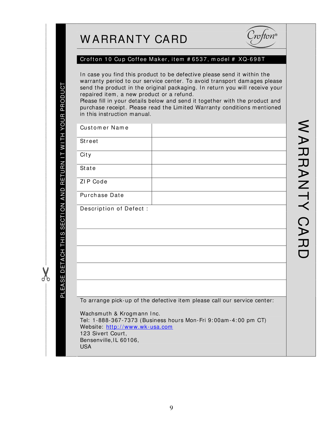 Wachsmuth & Krogmann XQ-698T manual Warranty Card 