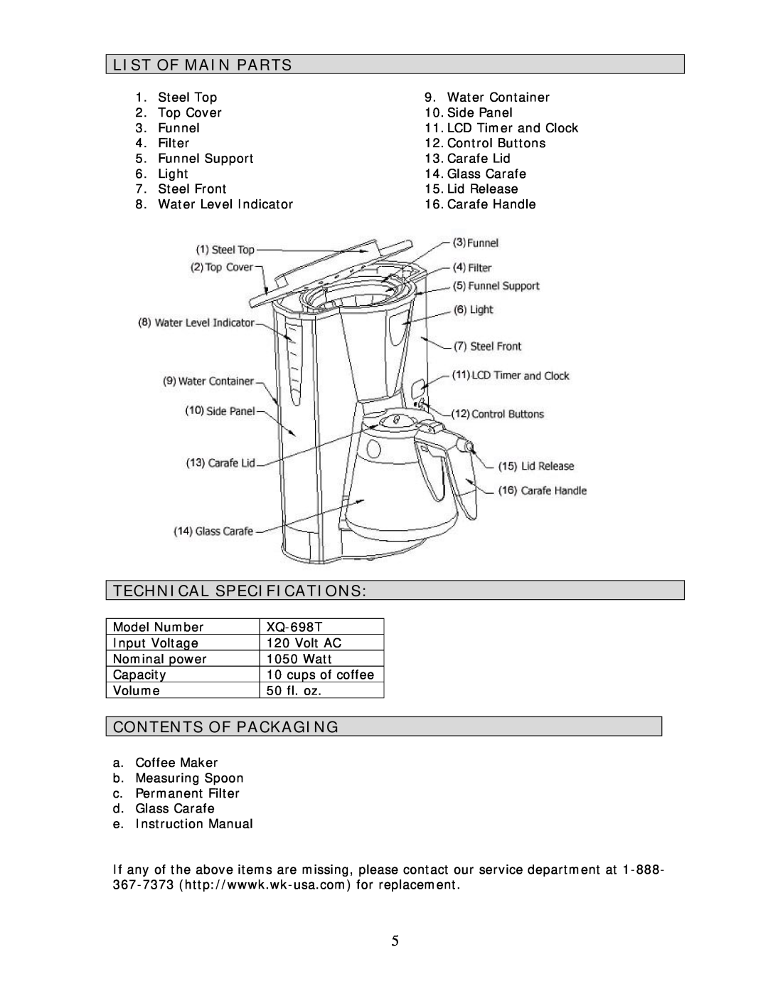 Wachsmuth & Krogmann XQ-698T manual List Of Main Parts, Technical Specifications, Contents Of Packaging 