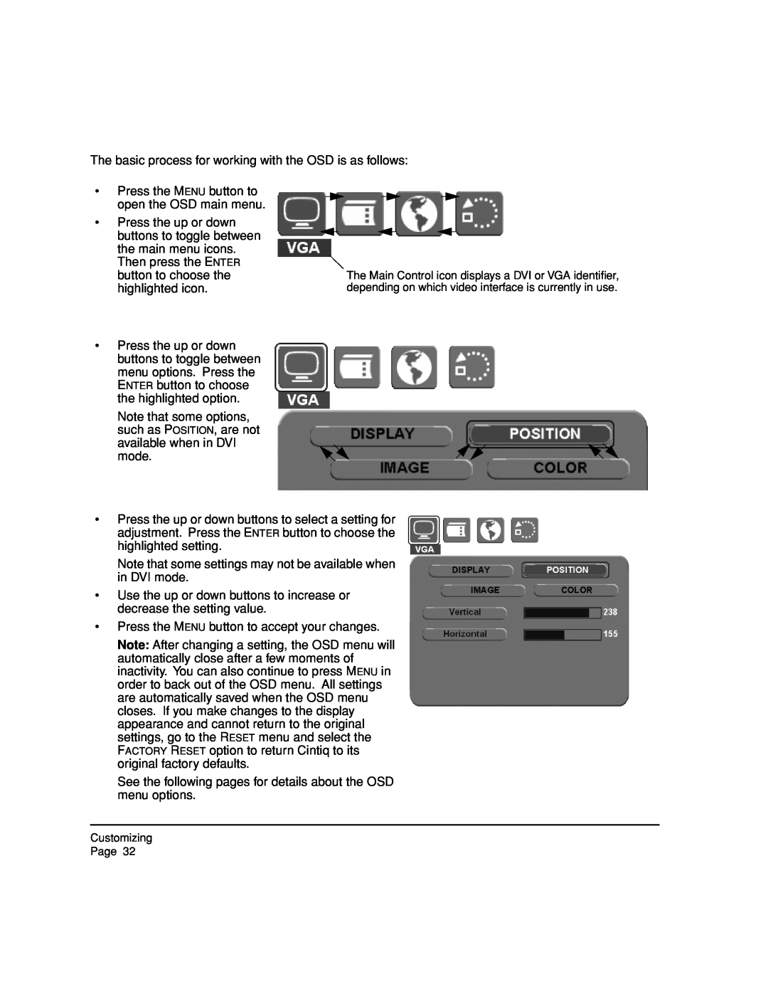 Wacom 12WX, DTZ-1200W manual The basic process for working with the OSD is as follows 