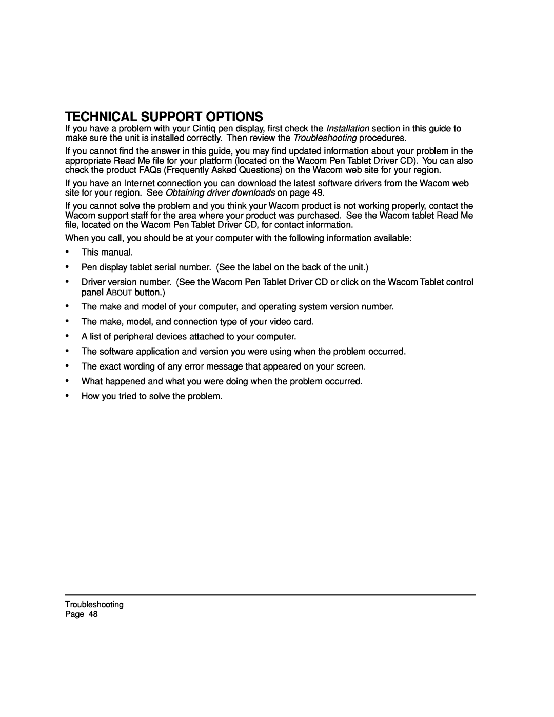 Wacom 12WX, DTZ-1200W manual Technical Support Options 