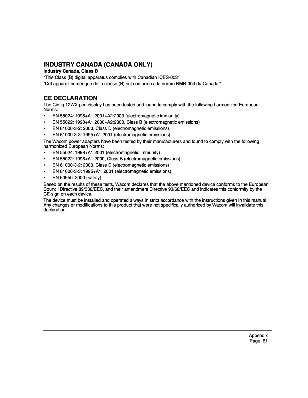 Wacom DTZ-1200W, 12WX manual Industry Canada Canada Only, Ce Declaration, Industry Canada, Class B 
