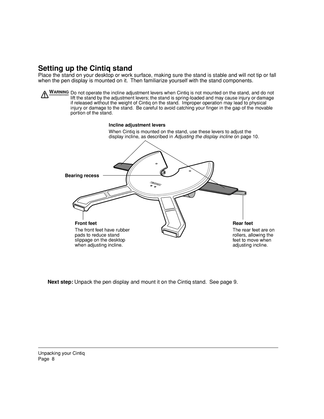 Wacom 20WSX, DTZ-2000W manual Setting up the Cintiq stand, Incline adjustment levers, Bearing recess Front feet, Rear feet 