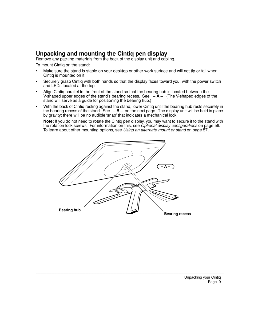 Wacom DTZ-2000W, 20WSX manual Unpacking and mounting the Cintiq pen display, Bearing hub Bearing recess 