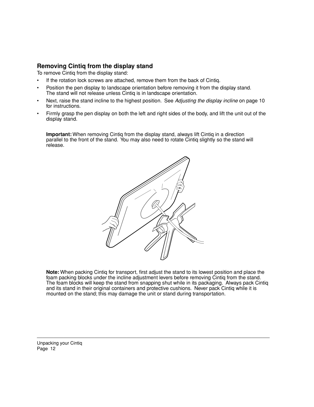 Wacom 20WSX, DTZ-2000W manual Removing Cintiq from the display stand 