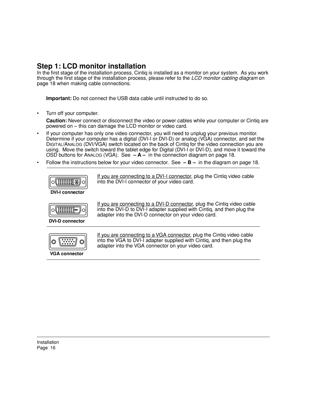 Wacom 20WSX, DTZ-2000W manual LCD monitor installation, DVI-I connector, DVI-D connector, VGA connector 