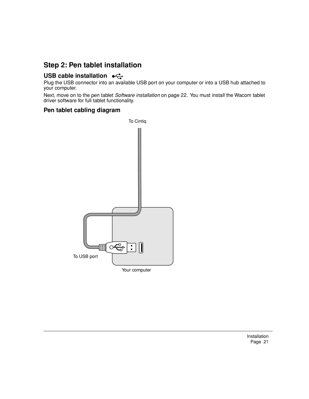 Wacom DTZ-2000W, 20WSX manual Pen tablet installation, USB cable installation, Pen tablet cabling diagram 