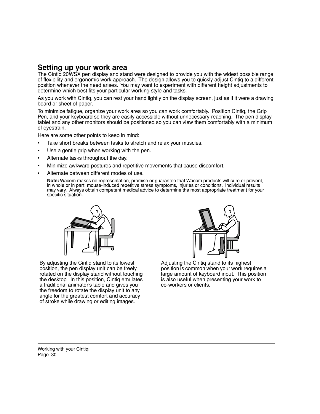 Wacom 20WSX, DTZ-2000W manual Setting up your work area 