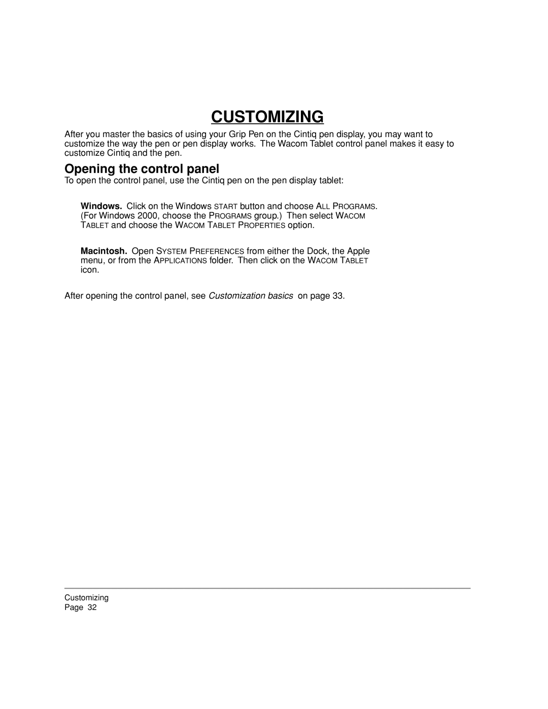 Wacom 20WSX, DTZ-2000W manual Customizing, Opening the control panel 