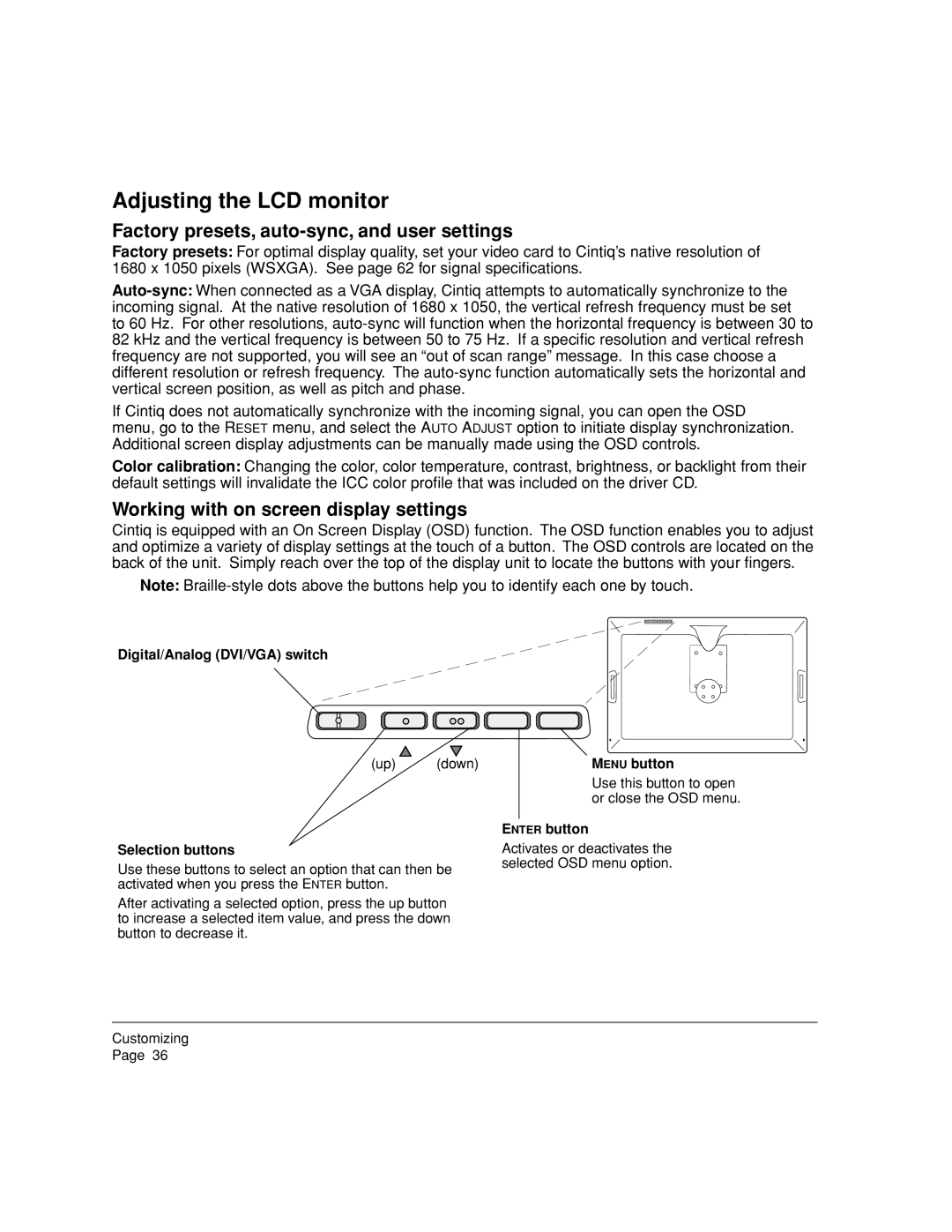 Wacom 20WSX, DTZ-2000W manual Adjusting the LCD monitor, Factory presets, auto-sync, and user settings 