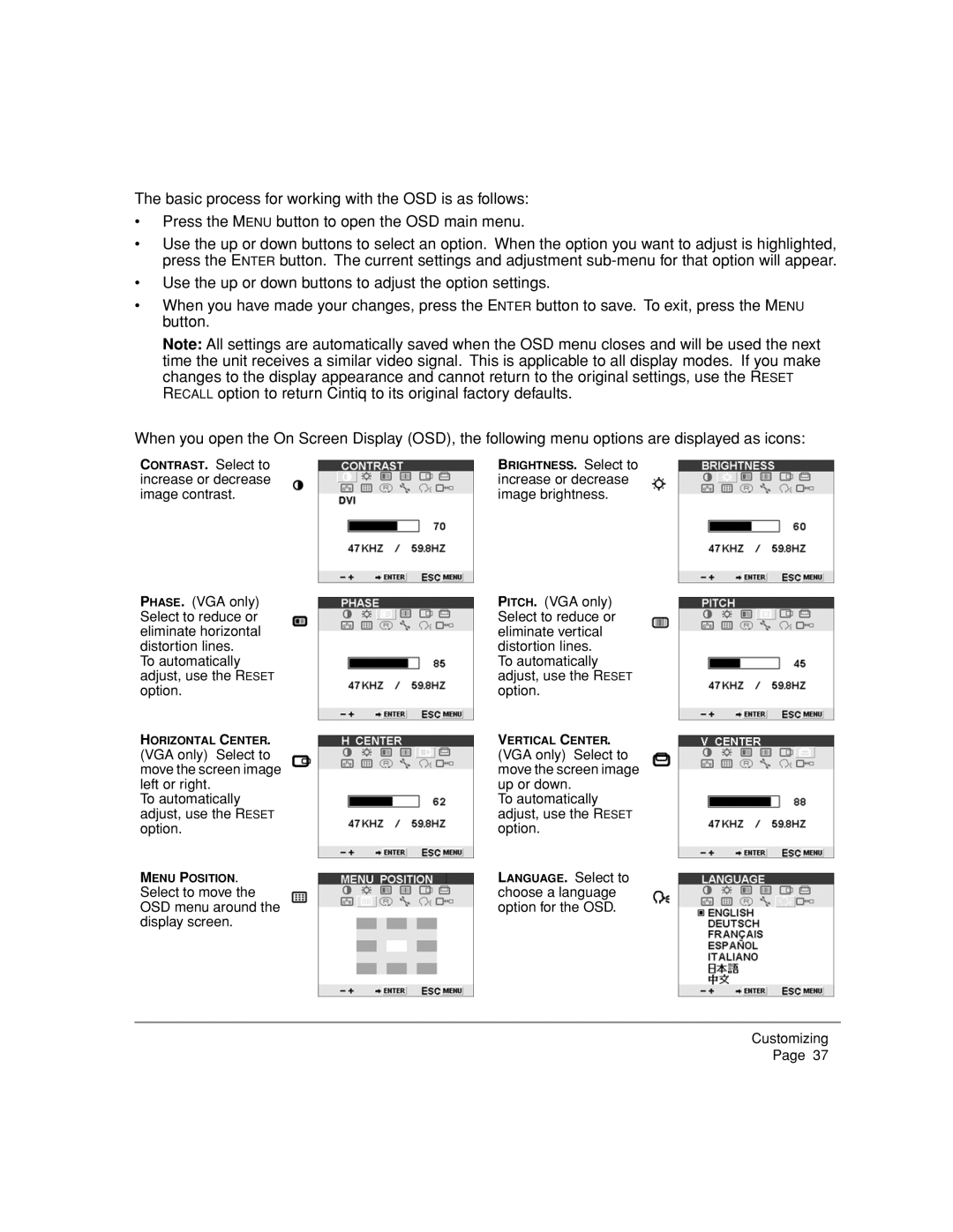 Wacom DTZ-2000W, 20WSX manual To automatically adjust, use the Reset option 