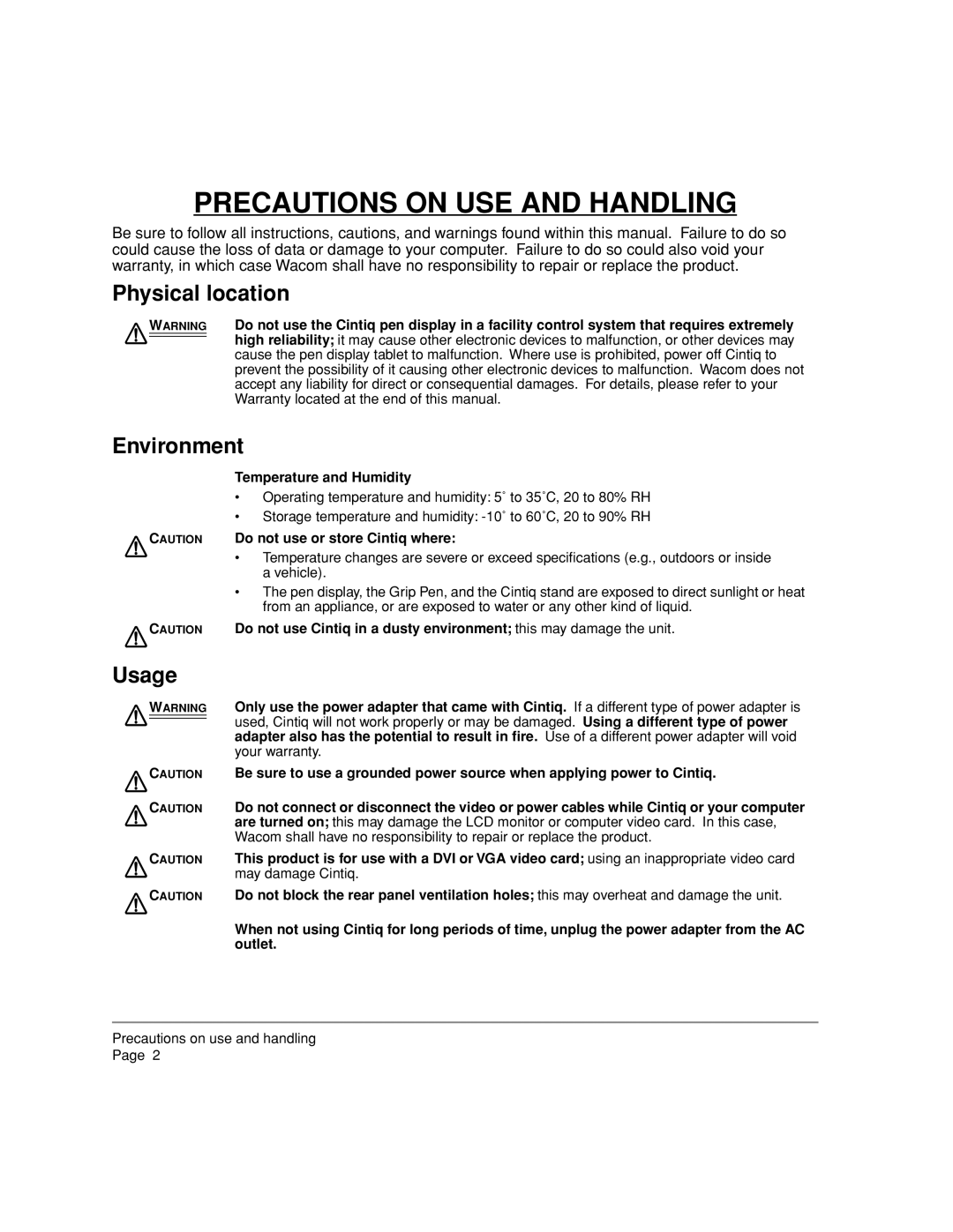 Wacom 20WSX, DTZ-2000W Precautions on USE and Handling, Physical location, Environment, Usage, Temperature and Humidity 