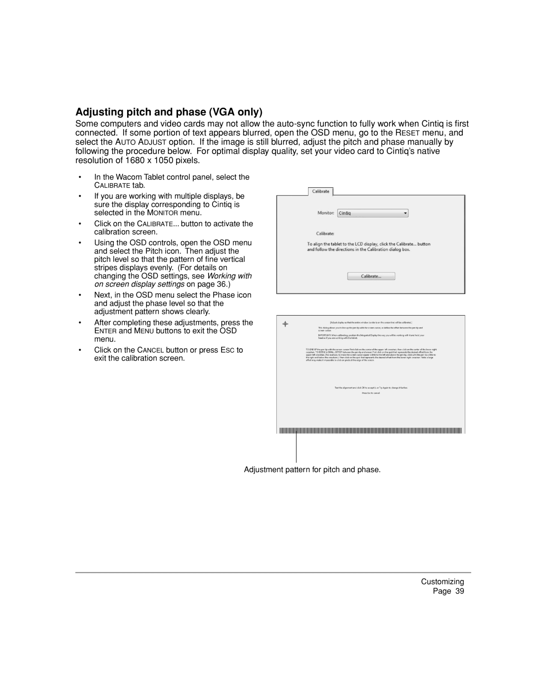 Wacom DTZ-2000W, 20WSX manual Adjusting pitch and phase VGA only 
