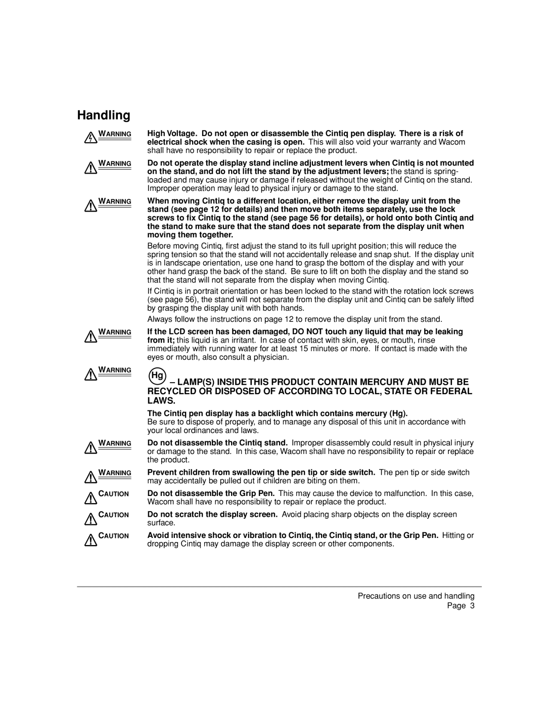 Wacom DTZ-2000W, 20WSX manual Handling, Cintiq pen display has a backlight which contains mercury Hg 