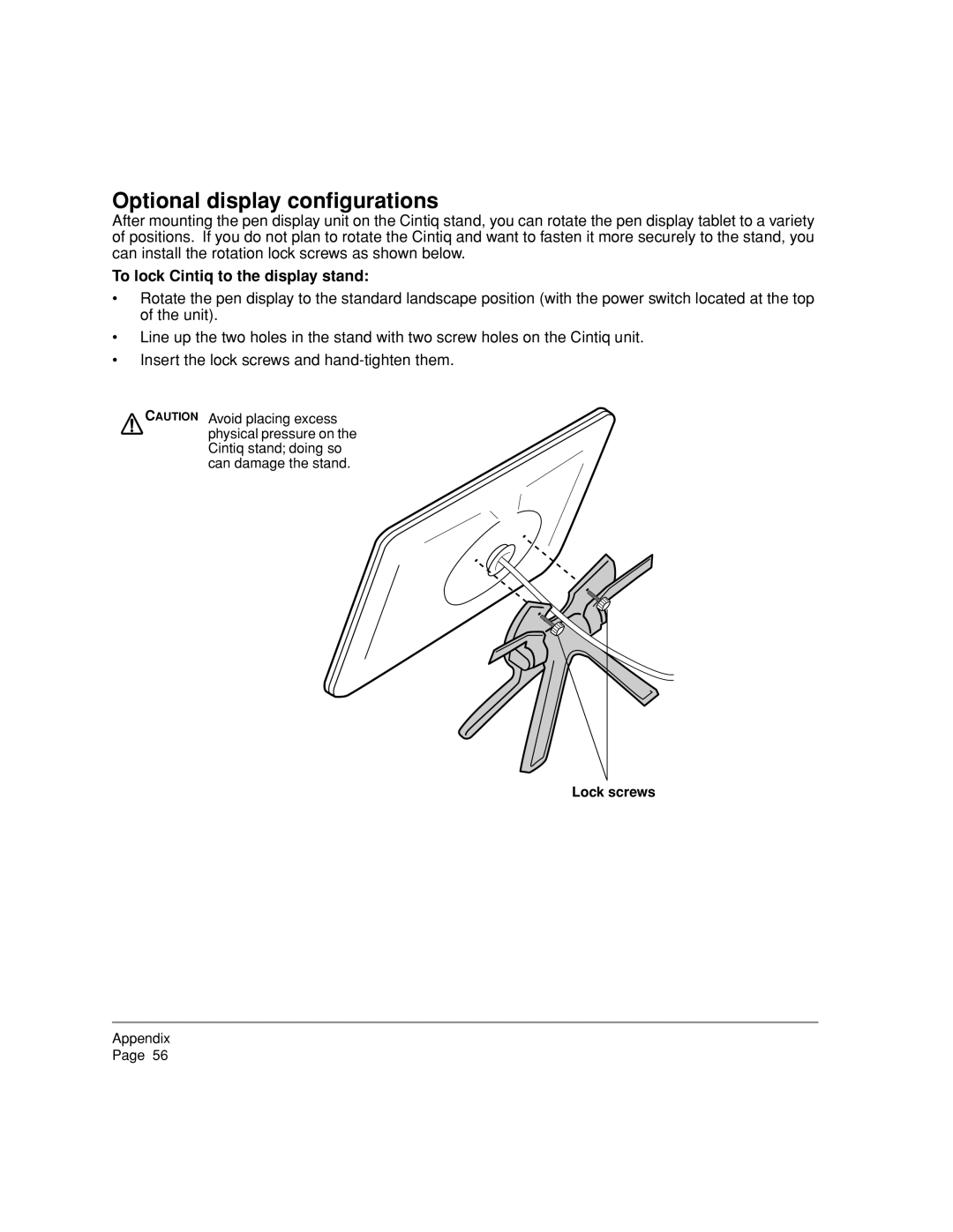 Wacom 20WSX, DTZ-2000W manual Optional display conﬁgurations, To lock Cintiq to the display stand, Lock screws 