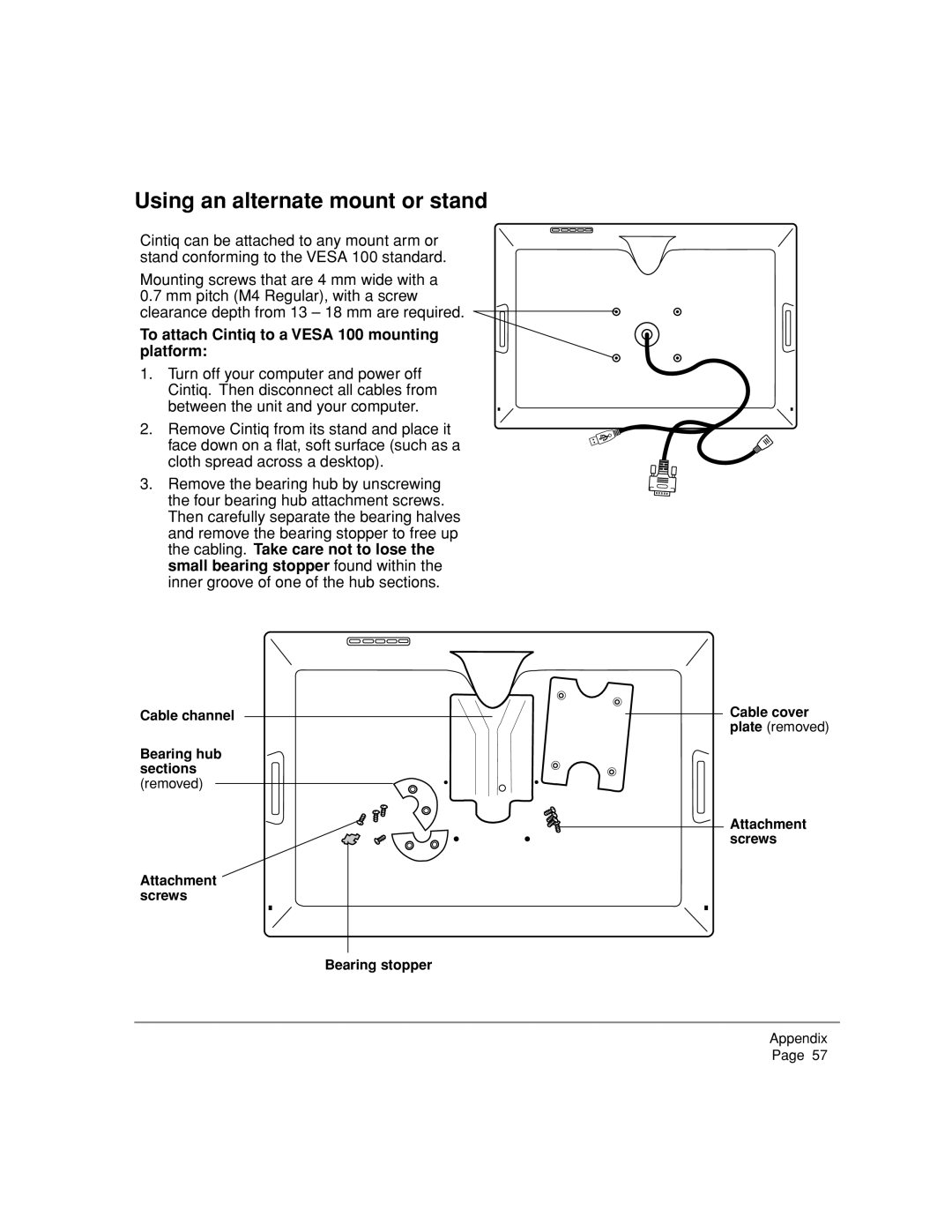 Wacom DTZ-2000W, 20WSX manual Using an alternate mount or stand, To attach Cintiq to a Vesa 100 mounting platform 