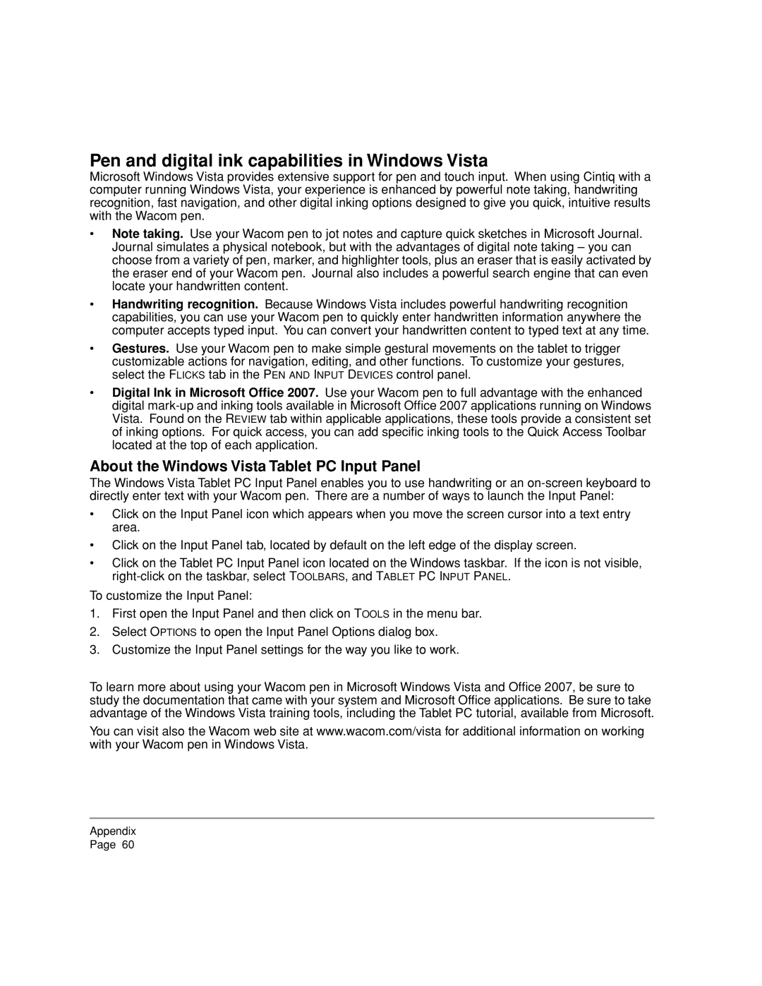 Wacom 20WSX, DTZ-2000W Pen and digital ink capabilities in Windows Vista, About the Windows Vista Tablet PC Input Panel 