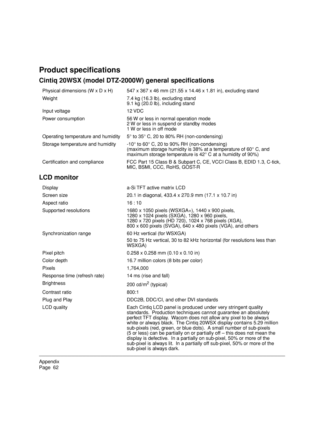 Wacom manual Product speciﬁcations, Cintiq 20WSX model DTZ-2000W general speciﬁcations, LCD monitor 