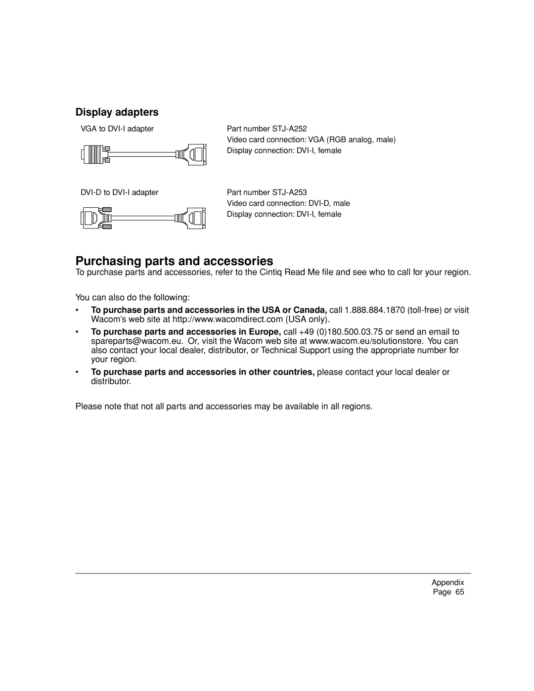 Wacom DTZ-2000W, 20WSX manual Purchasing parts and accessories, Display adapters 