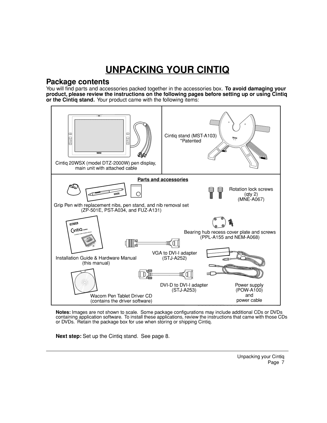 Wacom DTZ-2000W, 20WSX manual Unpacking Your Cintiq, Package contents 