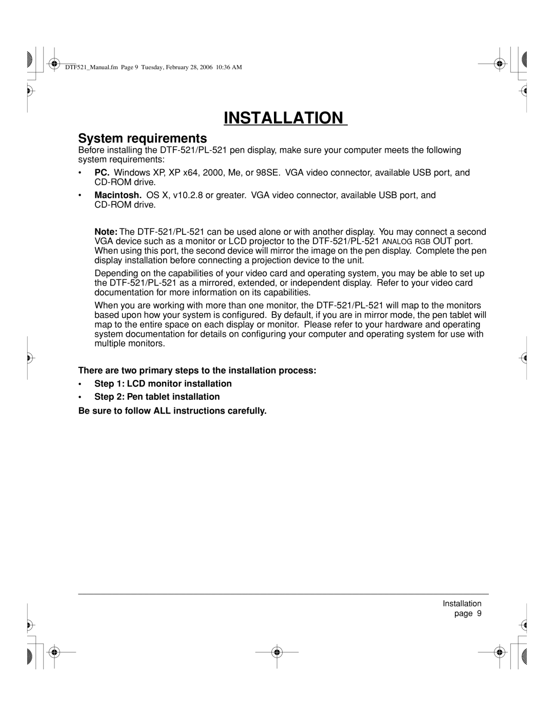 Wacom PL-521, DTF-521 manual Installation, System requirements 