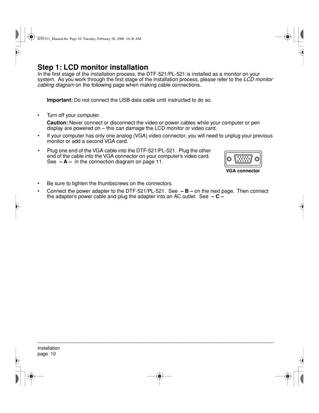 Wacom DTF-521, PL-521 manual LCD monitor installation, VGA connector 