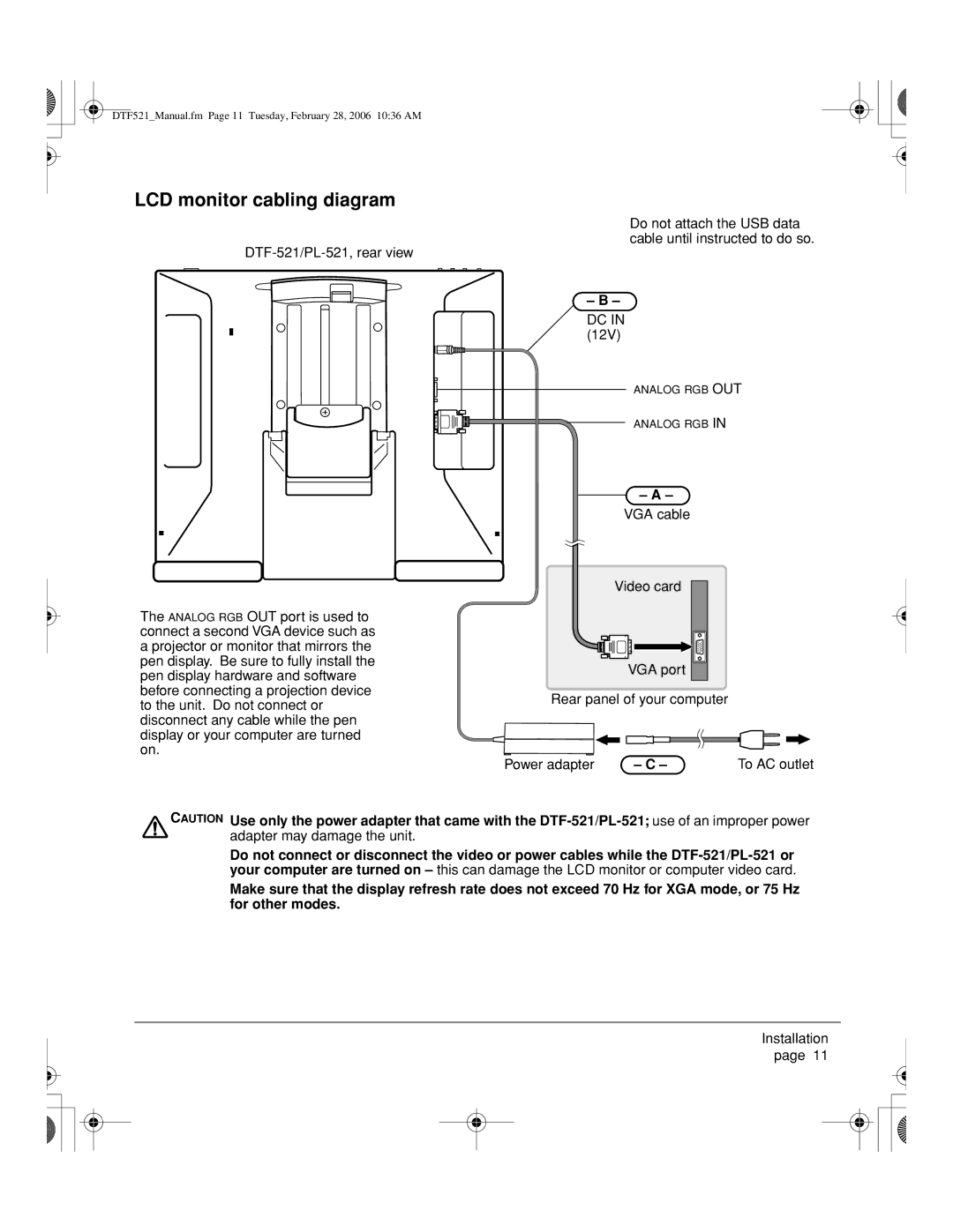 Wacom PL-521, DTF-521 manual LCD monitor cabling diagram, Adapter may damage the unit 