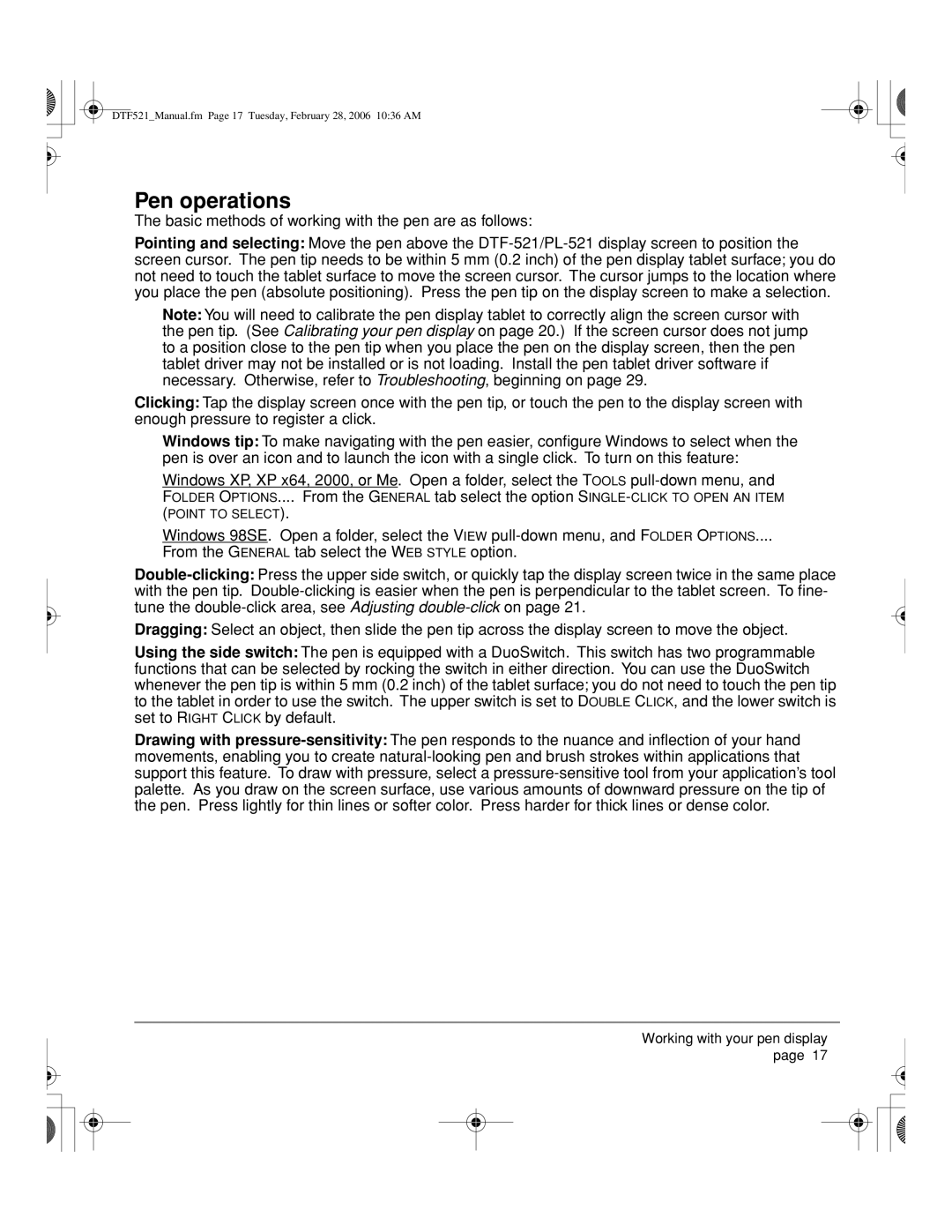 Wacom PL-521, DTF-521 manual Pen operations 