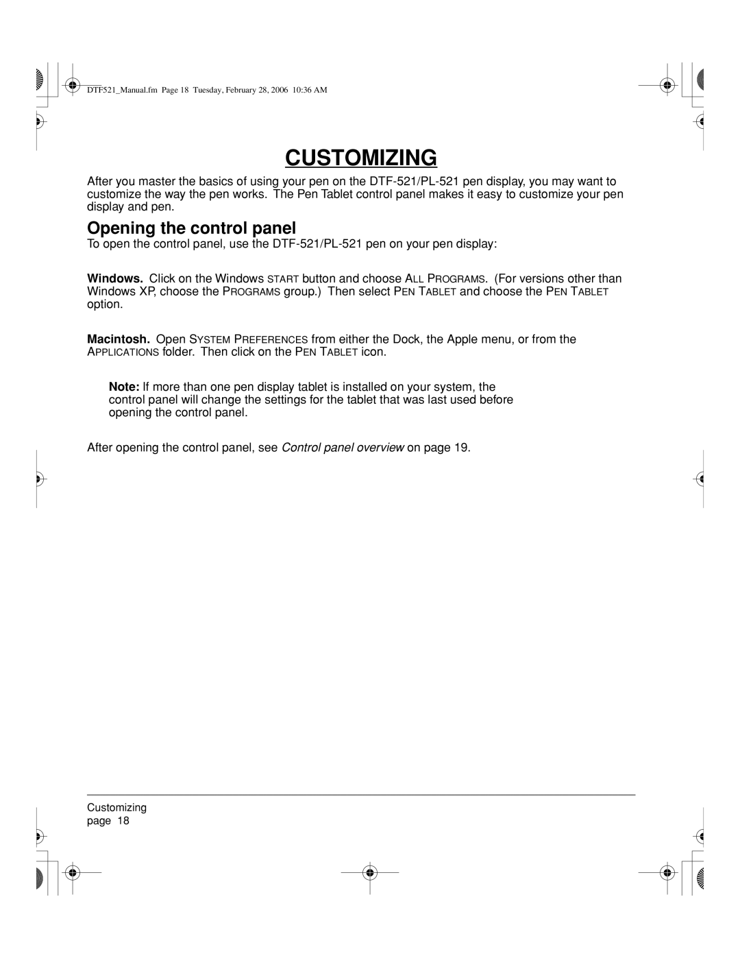 Wacom DTF-521, PL-521 manual Customizing, Opening the control panel 