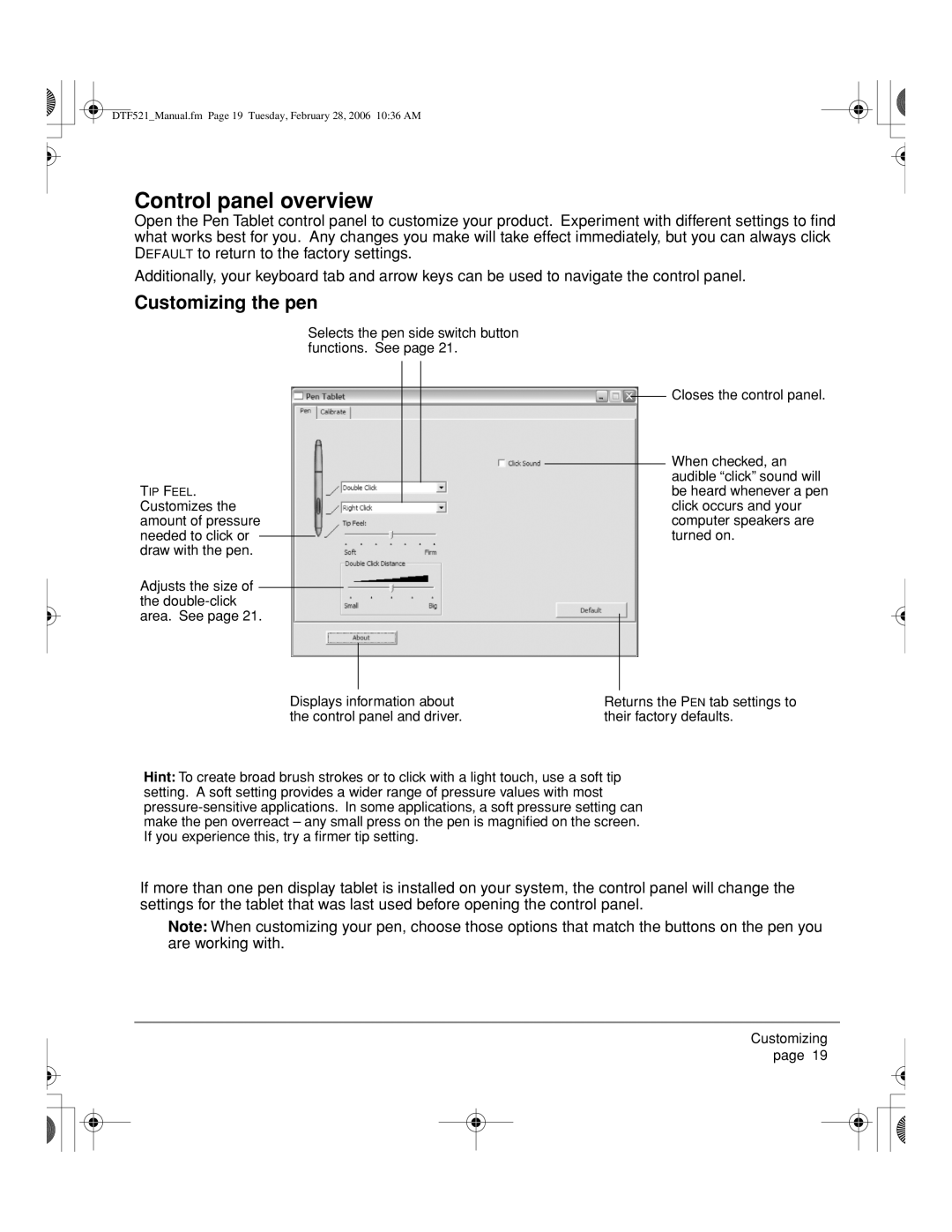 Wacom PL-521, DTF-521 manual Control panel overview, Customizing the pen 