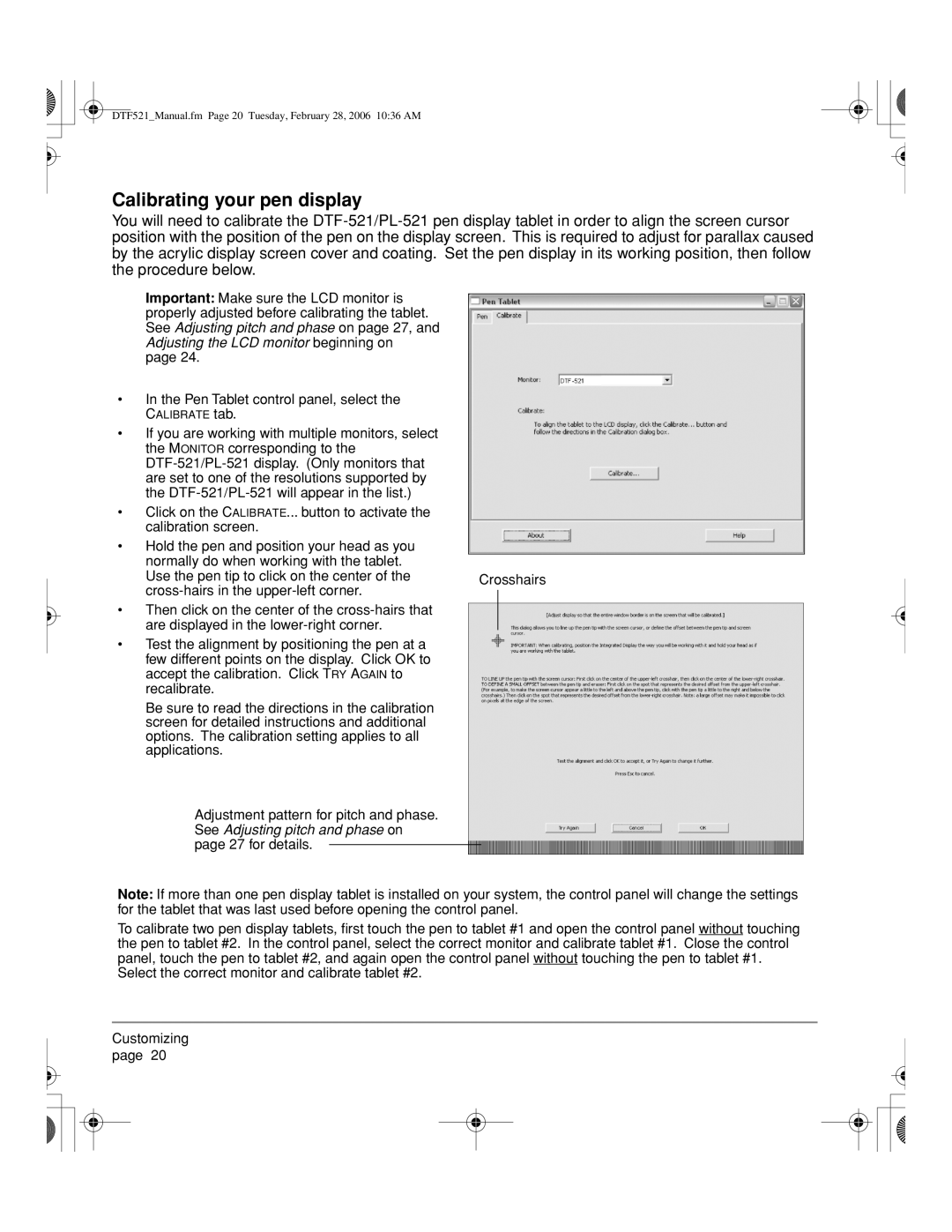 Wacom DTF-521, PL-521 manual Calibrating your pen display 