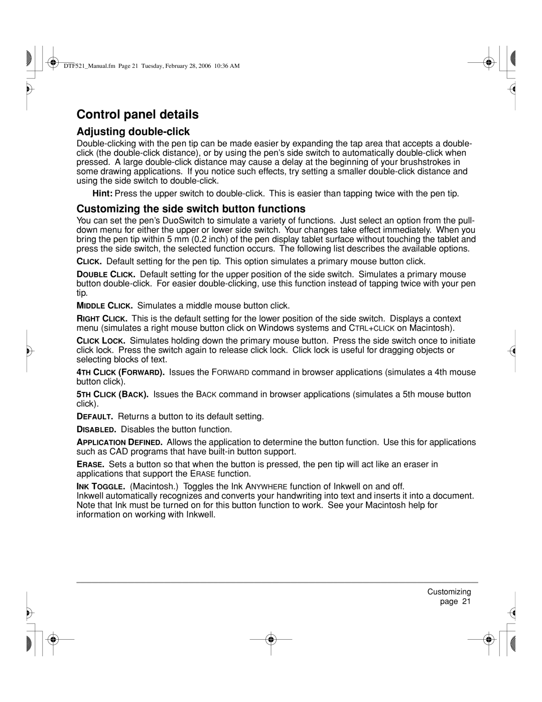 Wacom PL-521, DTF-521 manual Control panel details, Adjusting double-click, Customizing the side switch button functions 