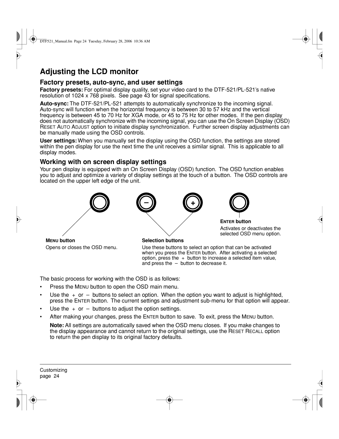 Wacom DTF-521, PL-521 manual Adjusting the LCD monitor, Factory presets, auto-sync, and user settings, Enter button 