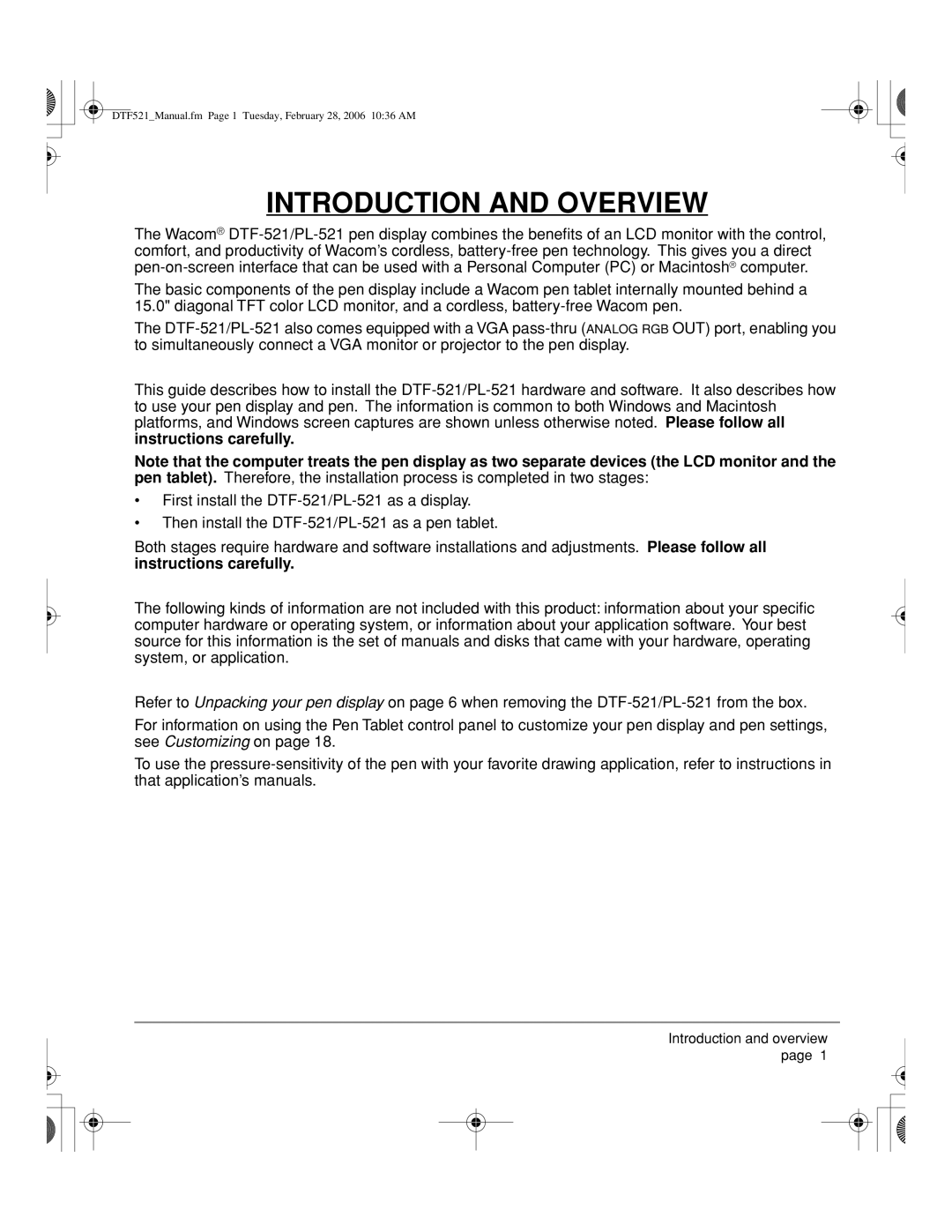 Wacom PL-521, DTF-521 manual Introduction and Overview 