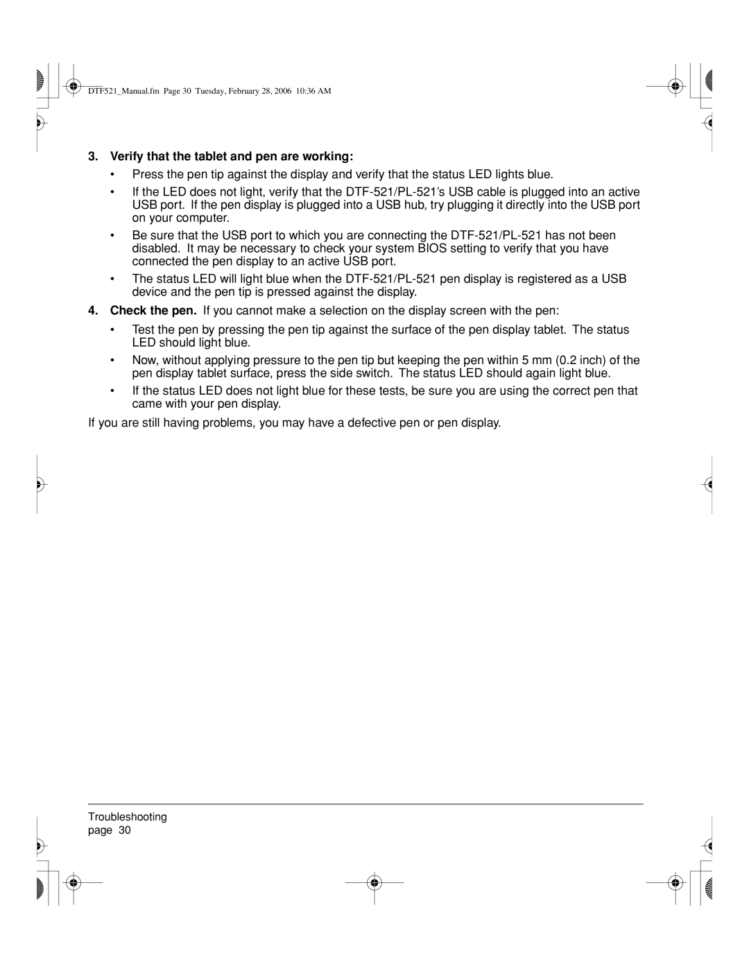 Wacom DTF-521, PL-521 manual Verify that the tablet and pen are working 