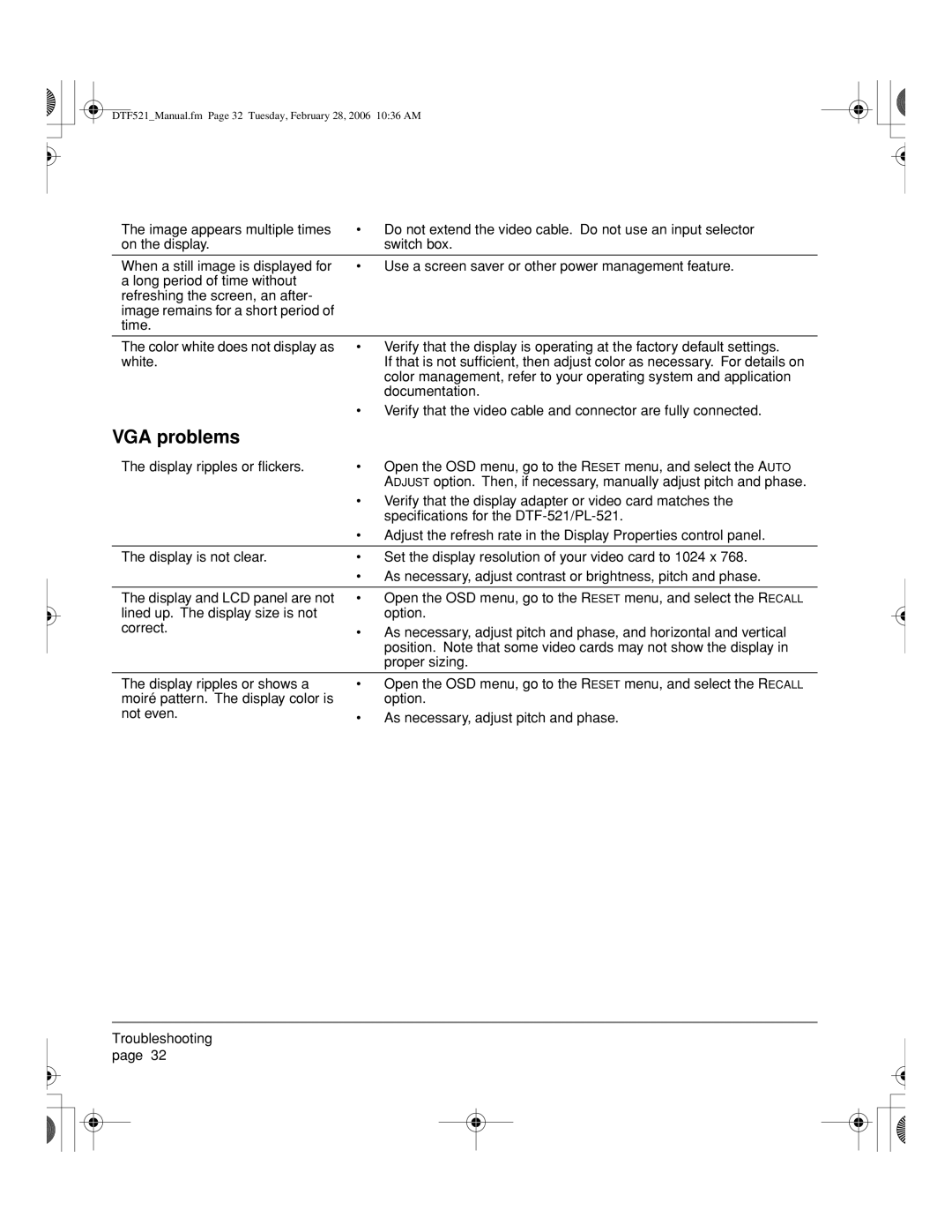 Wacom DTF-521, PL-521 manual VGA problems, Display ripples or ﬂickers 