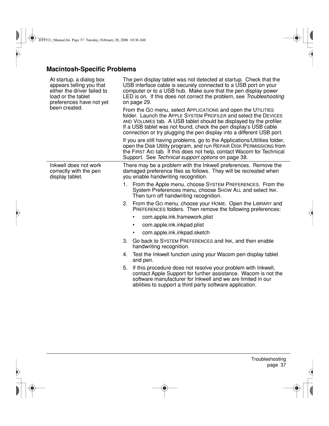 Wacom PL-521, DTF-521 manual Macintosh-Speciﬁc Problems, Support. See Technical support options on 