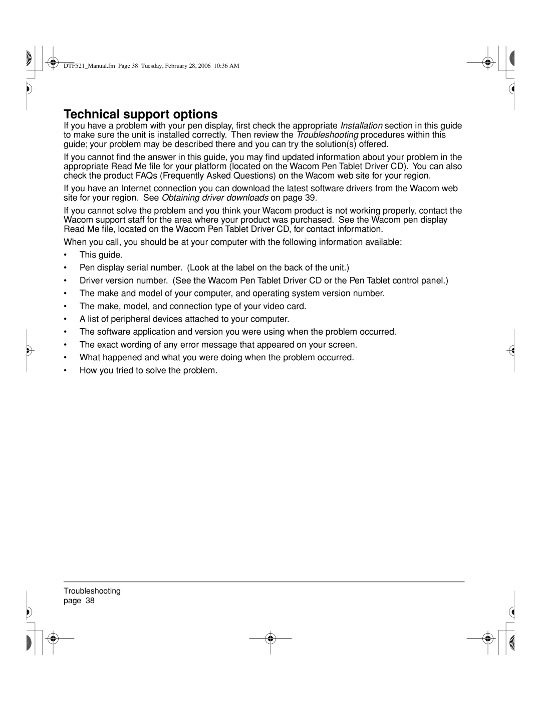 Wacom DTF-521, PL-521 manual Technical support options 