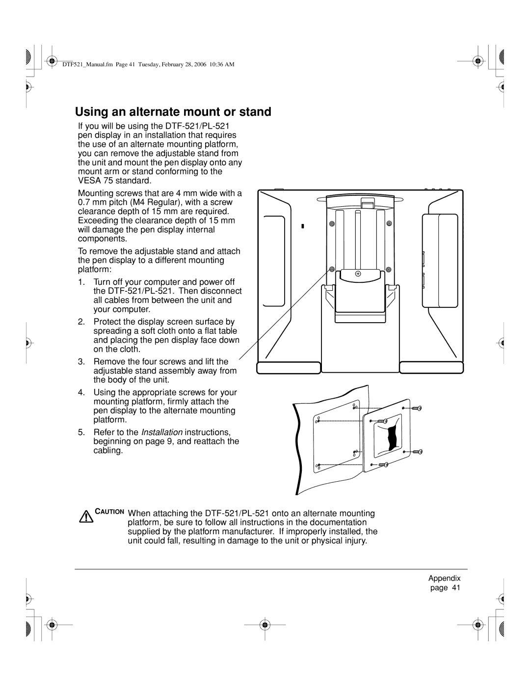 Wacom PL-521, DTF-521 manual Using an alternate mount or stand 