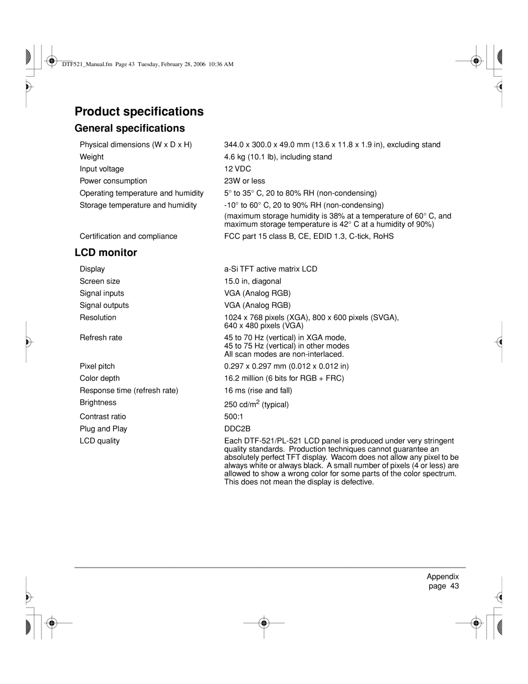 Wacom PL-521, DTF-521 manual Product speciﬁcations, General speciﬁcations, LCD monitor 