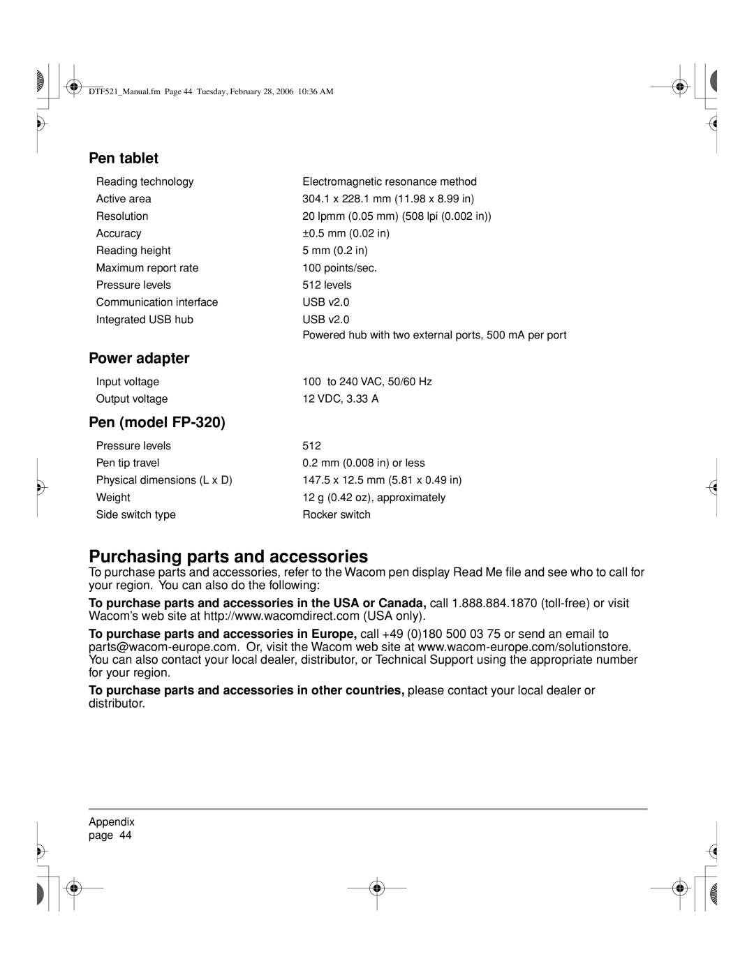 Wacom DTF-521, PL-521 manual Purchasing parts and accessories, Pen tablet, Power adapter, Pen model FP-320 